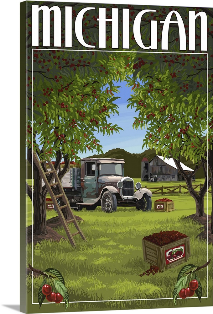 Retro stylized art poster of a cherry orchard in harvest, with an old wooden ladder and vintage truck in the background.
