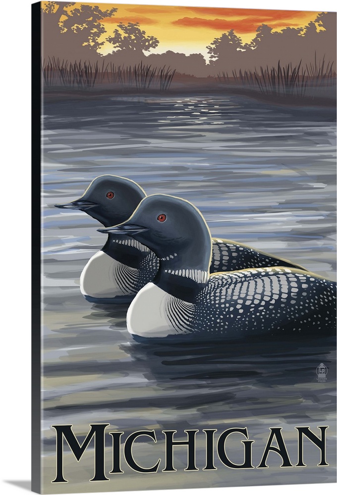 Retro stylized art poster of tow loons on a lake at sunset.