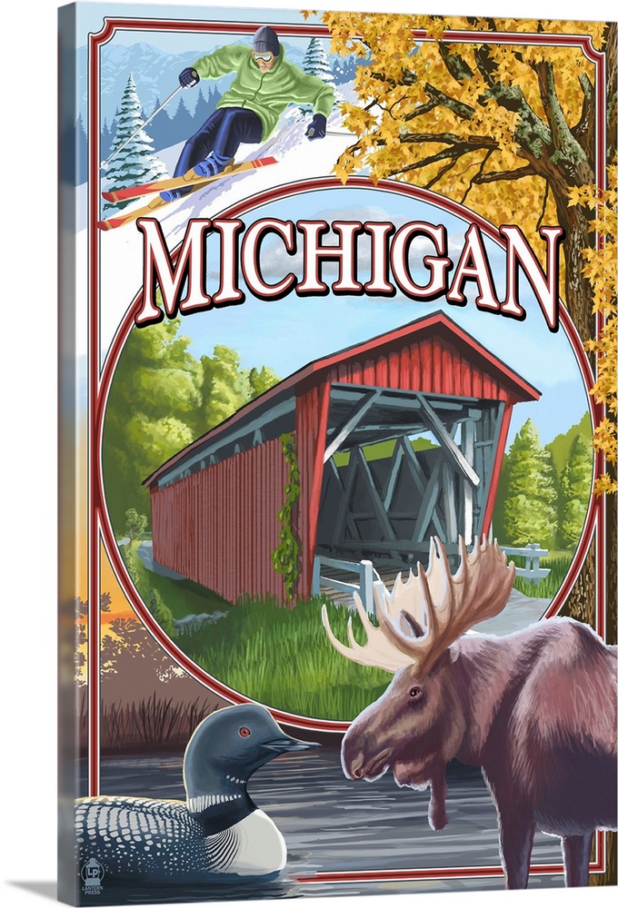 Michigan - Michigan Scene Montage: Retro Travel Poster