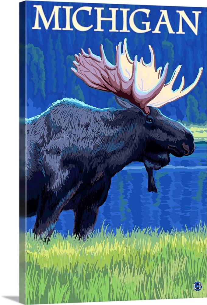 Retro stylized art poster of a moose in the wilderness.
