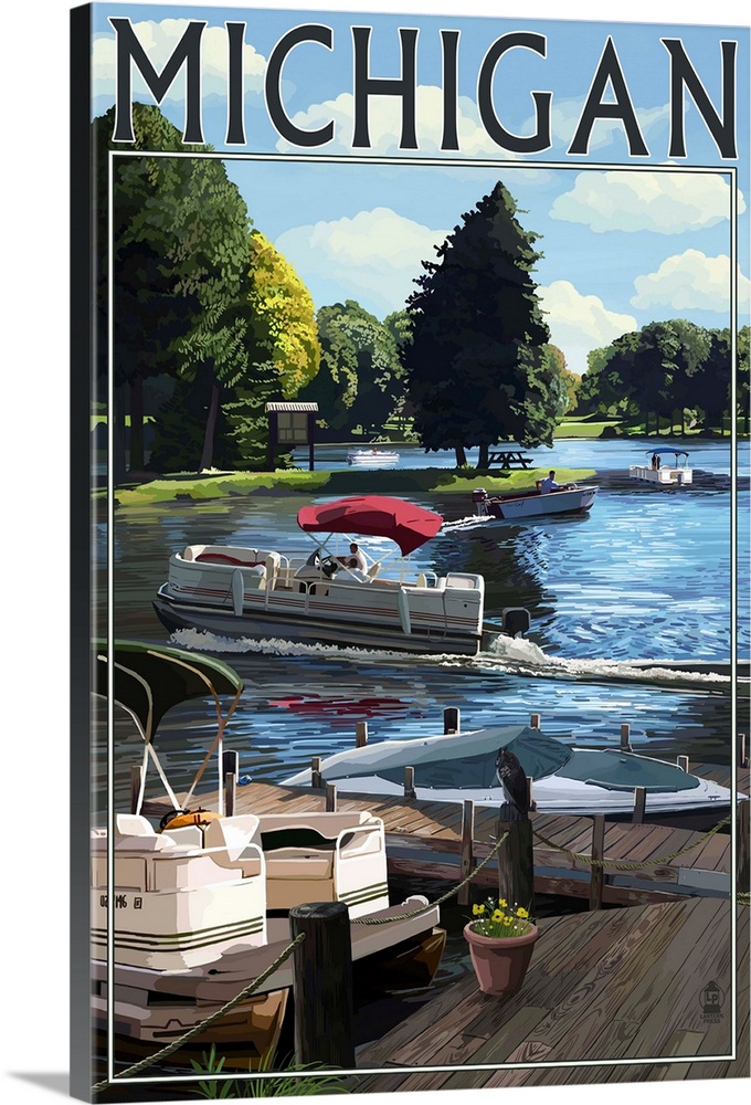 Michigan - Pontoon Boats: Retro Travel Poster