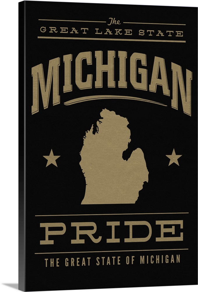 The Michigan state outline on black with gold text.