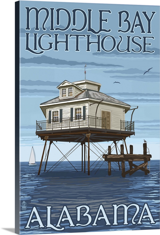 Retro stylized art poster of lighthouse stilted over the ocean.