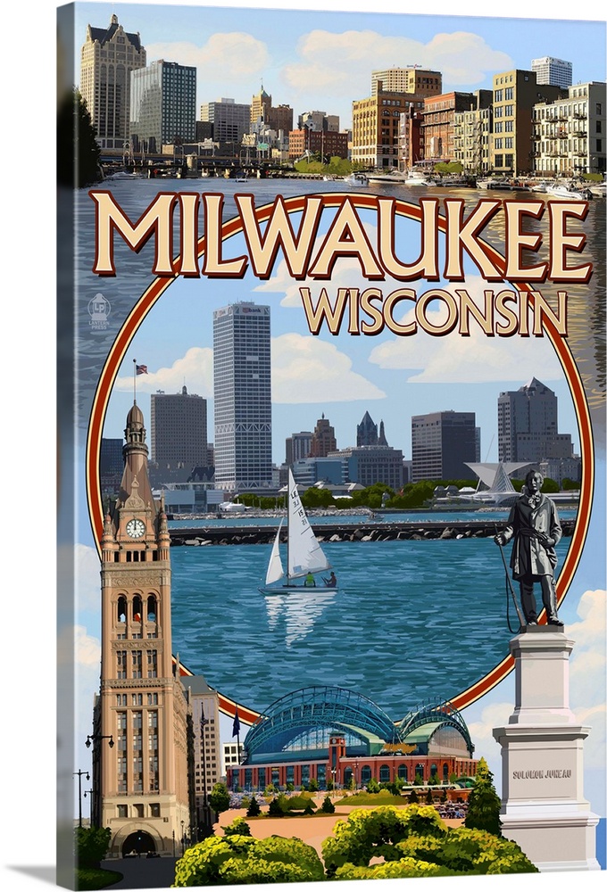 Milwaukee, Wisconsin - Montage Scenes: Retro Travel Poster