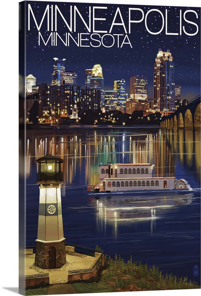 Minneapolis, Minnesota - Skyline at Night: Retro Travel Poster