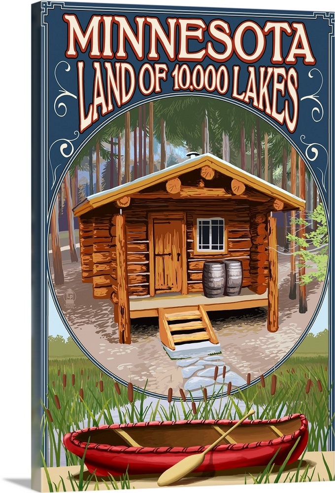 Minnesota Cabin and Lake Retro Travel Poster Wall Art, Canvas Prints