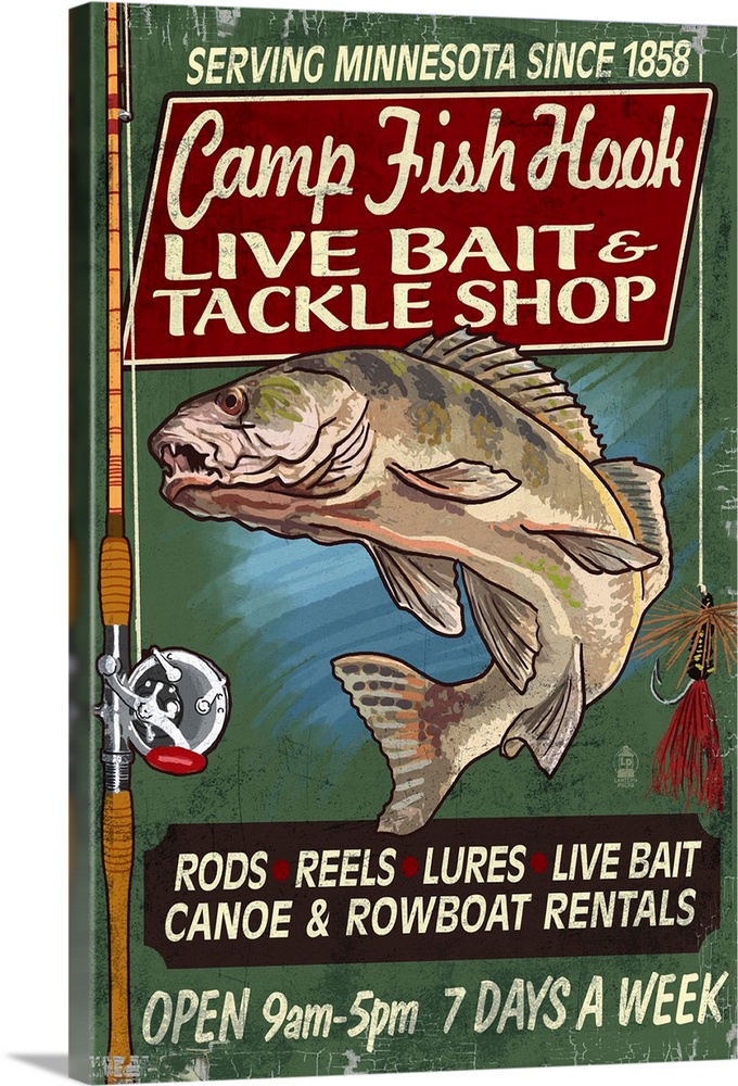 Retro stylized art poster of a vintage sign with an image of a fish and tackle gear.