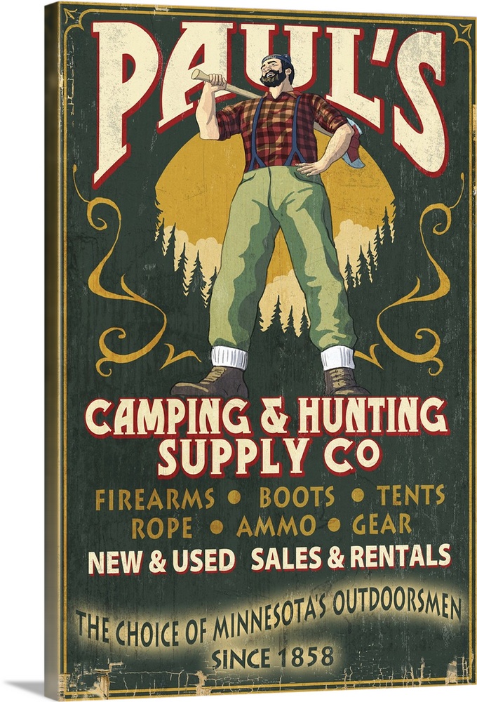 Minnesota - Paul Bunyan Camping Supply Vintage Sign: Retro Travel Poster