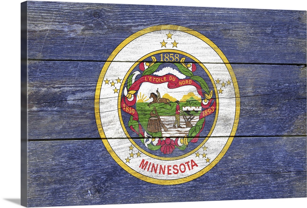 The flag of Minnesota with a weathered wooden board effect.