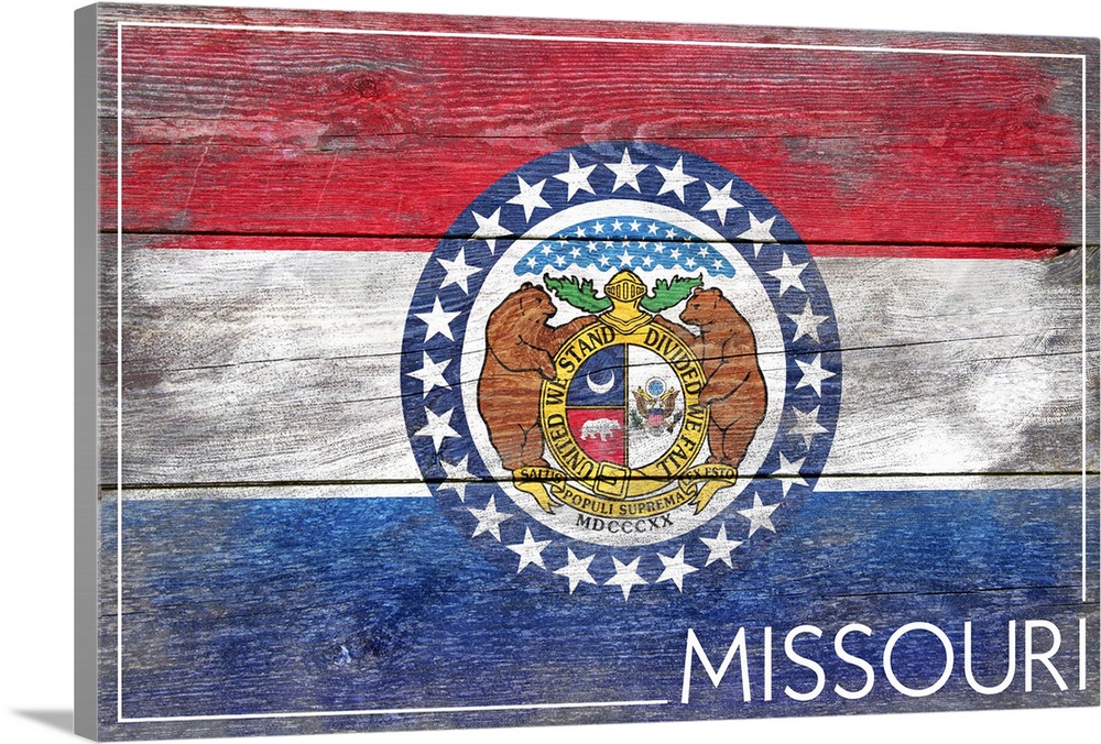 The flag of Missouri with a weathered wooden board effect.