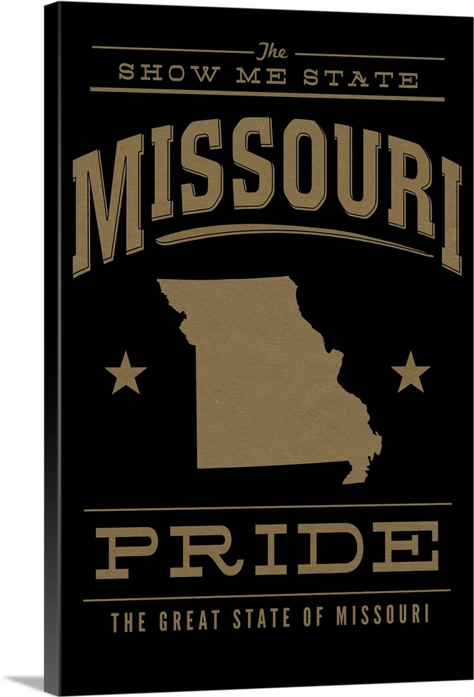 The Missouri state outline on black with gold text.