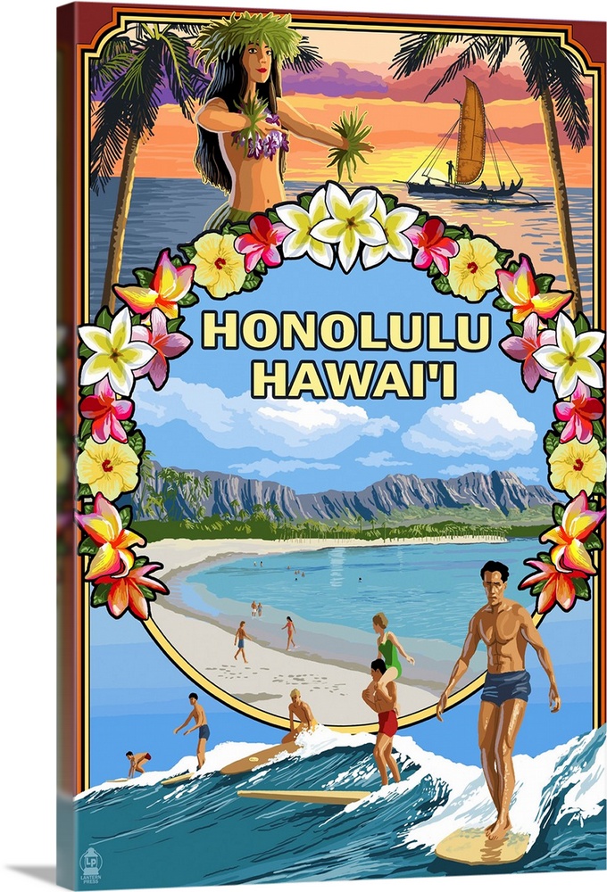 Montage - Honolulu, Hawaii: Retro Travel Poster