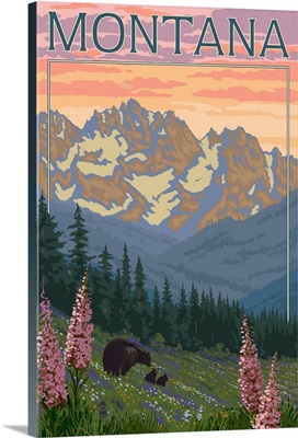 Montana - Bear Family and Spring Flowers: Retro Travel Poster