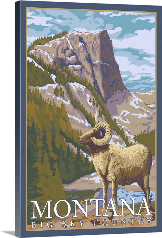 Montana, Big Sky Country - Big Horn Sheep: Retro Travel Poster