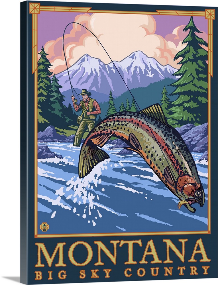 Montana -- Big Sky Country - Fly Fishing Scene: Retro Travel Poster | Large Solid-Faced Canvas Wall Art Print | Great Big Canvas