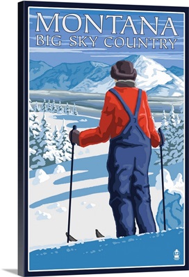 Montana - Big Sky Country - Skier Admiring: Retro Travel Poster
