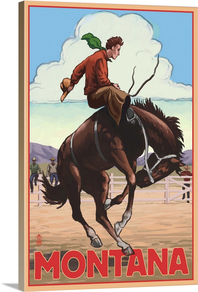 Montana - Cowboy and Bronco Scene: Retro Travel Poster
