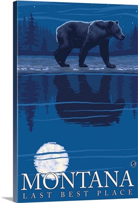 Montana, Last Best Place - Bear in Moonlight: Retro Travel Poster