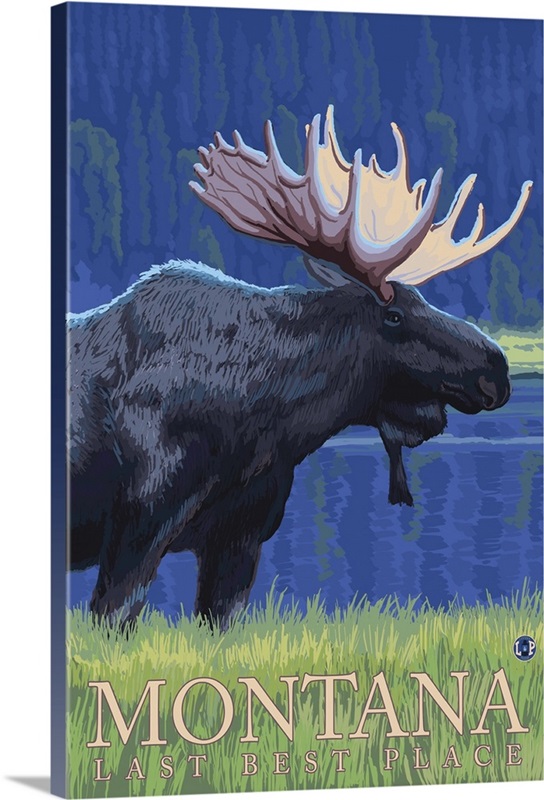 Montana, Last Best Place - Moose at Night: Retro Travel Poster | Great ...