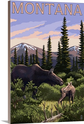 Montana - Moose and Calf: Retro Travel Poster