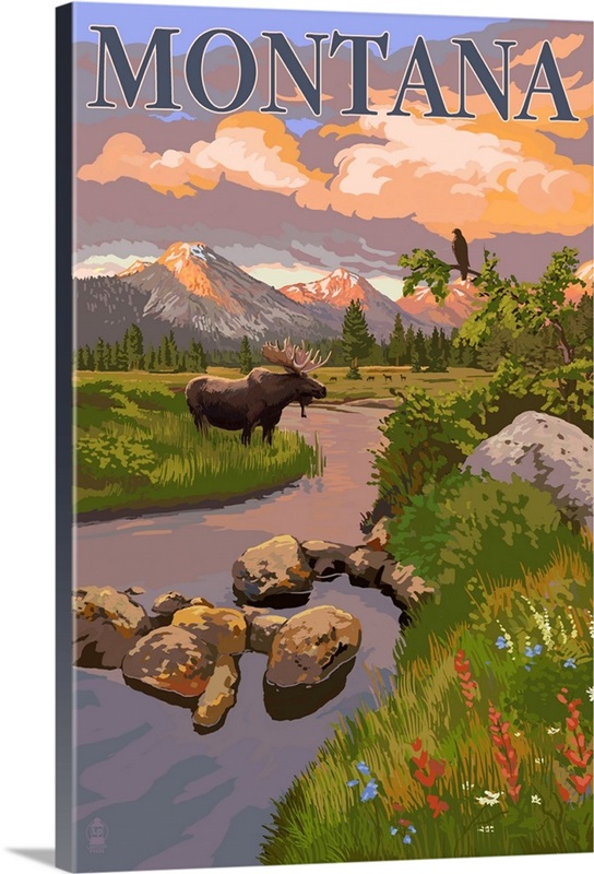 Montana - Moose and Meadow: Retro Travel Poster | Great Big Canvas