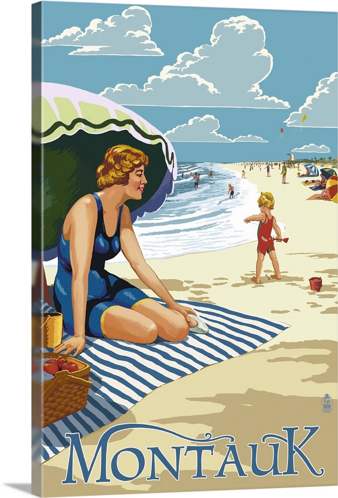 Retro stylized art poster of a woman sitting on a blanket under an umbrella on the beach.