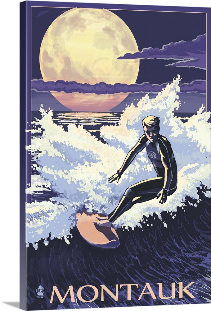 Retro stylized art poster of a surfer riding a wave at night, with a large in the sky.