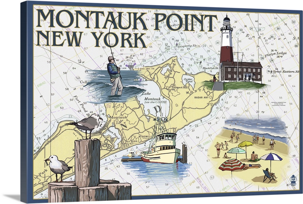 Montauk Point, New York - Nautical Chart: Retro Travel Poster