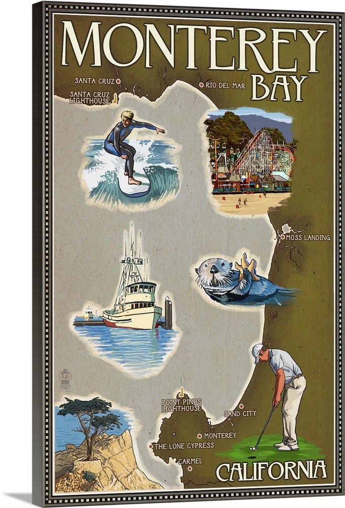 Monterey Bay, California Map and Icons Retro Travel Poster Wall Art