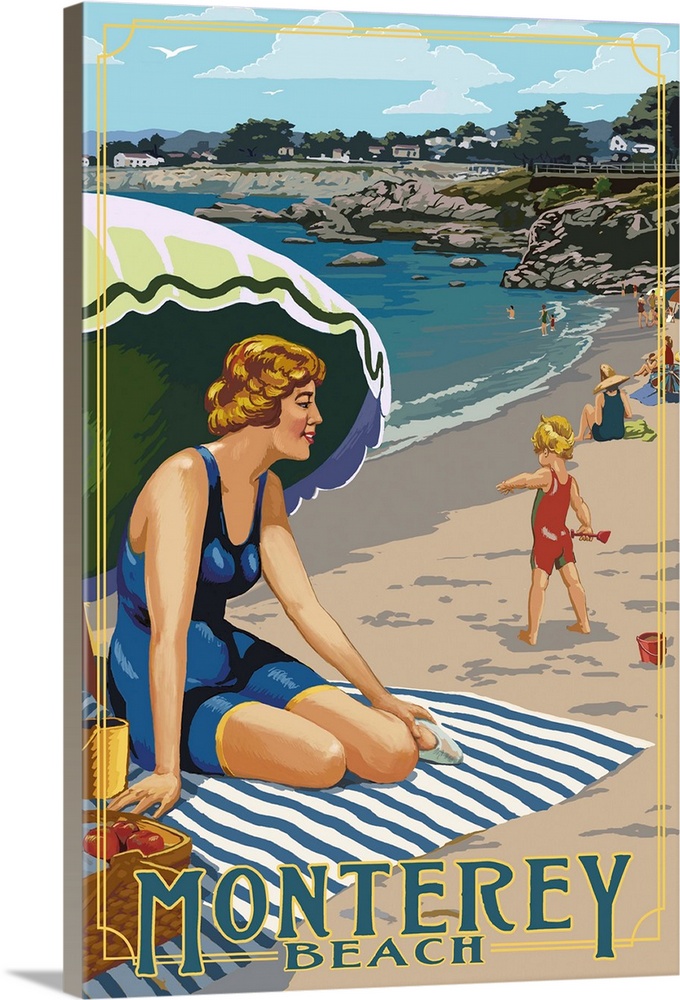Monterey, California - Beach Scene: Retro Travel Poster