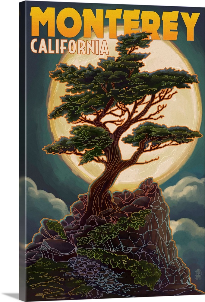Monterey, California - Cypress and Full Moon: Retro Travel Poster