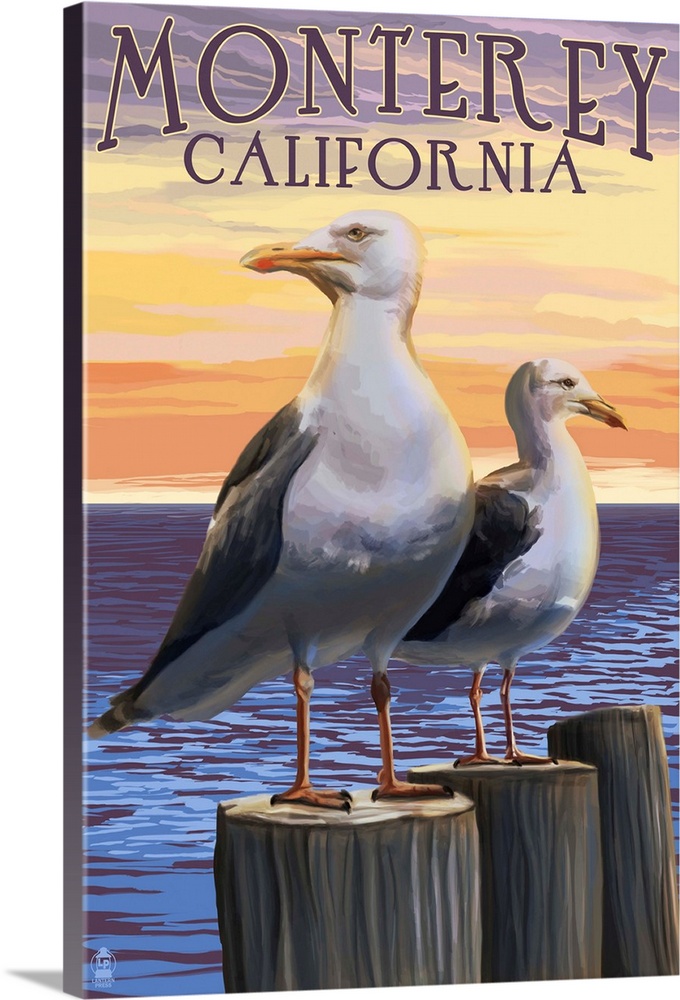 Retro stylized art poster of two seagulls perched on wooden posts. With a seascape in the background.
