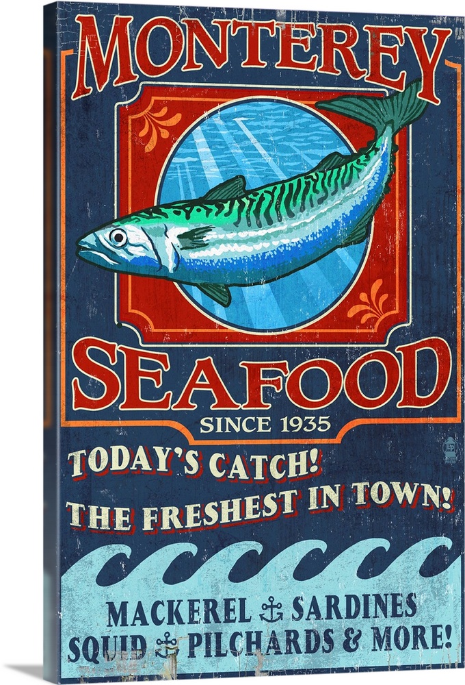 Retro stylized art poster of a vintage seafood market sign displaying a mackerel.