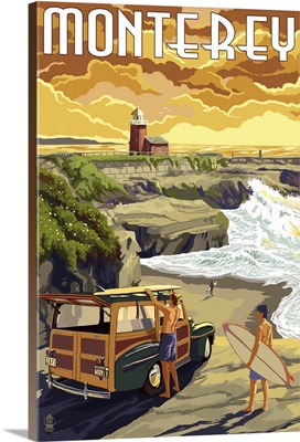 Monterey, California - Woody on Beach: Retro Travel Poster