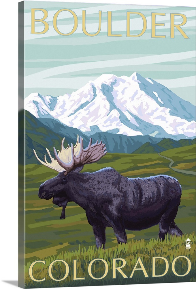 Moose and Mountain Boulder, Colorado Retro Travel Poster Wall Art