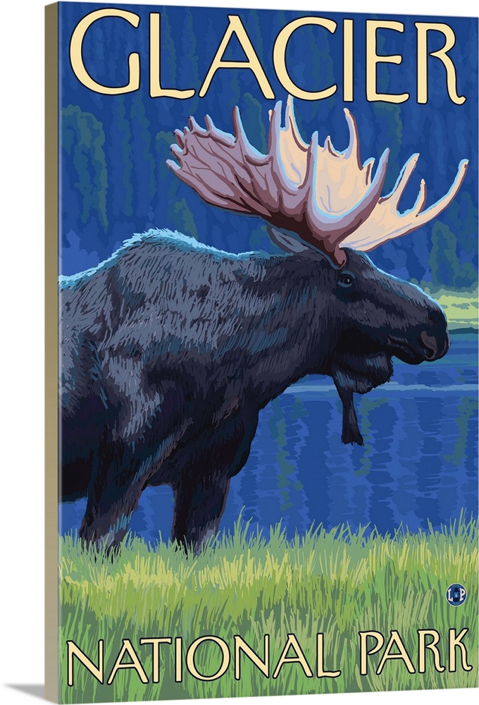 Moose at Night - Glacier National Park, Montana: Retro Travel Poster