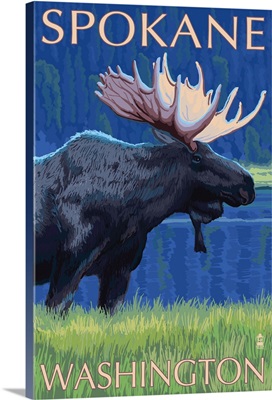 Moose at Night - Spokane, Washington: Retro Travel Poster
