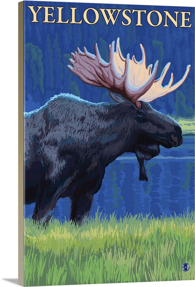 Moose at Night - Yellowstone National Park: Retro Travel Poster