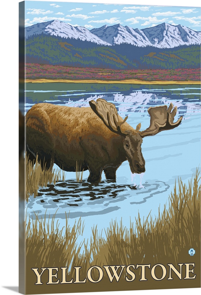 Moose Drinking at Lake - Yellowstone National Park: Retro Travel Poster
