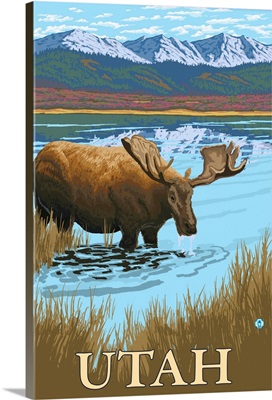Moose Drinking - Utah: Retro Travel Poster