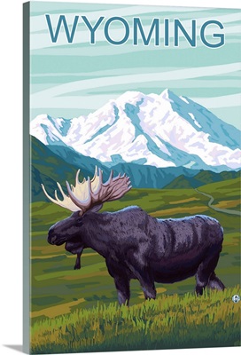 Moose with Mountain - Wyoming: Retro Travel Poster