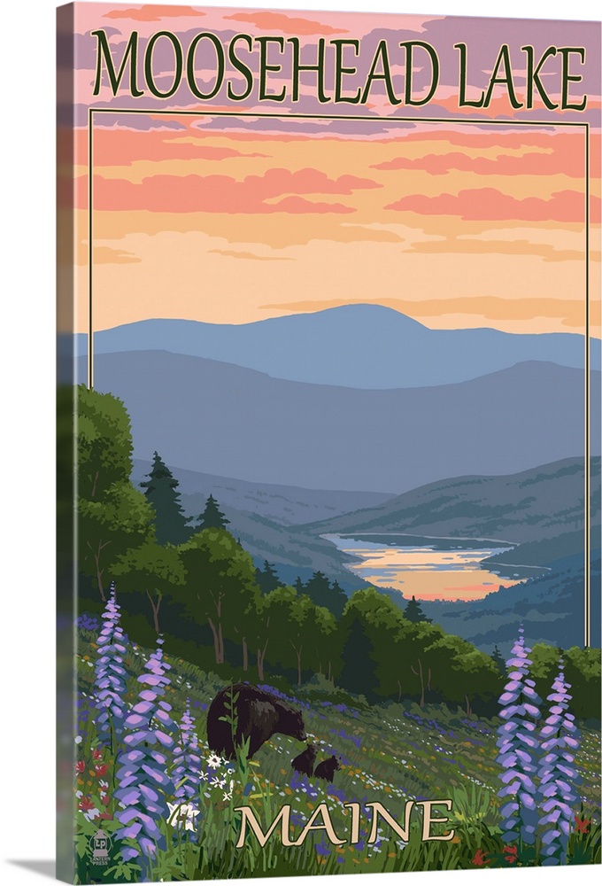 Moosehead Lake, Maine - Bears and Spring Flowers: Retro Travel Poster