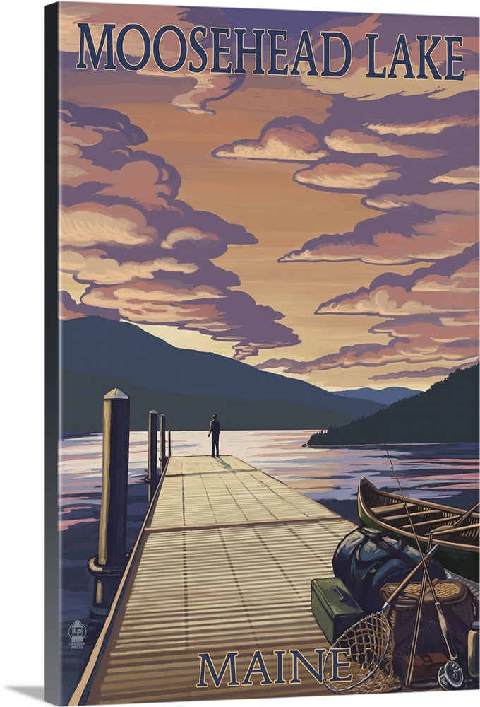 Moosehead Lake, Maine - Dock and Sunset Scene: Retro Travel Poster