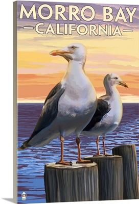 Morro Bay, CA - Sea Gulls: Retro Travel Poster