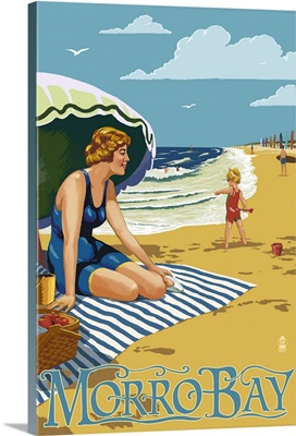 Morro Bay, California Beach Scene: Retro Travel Poster
