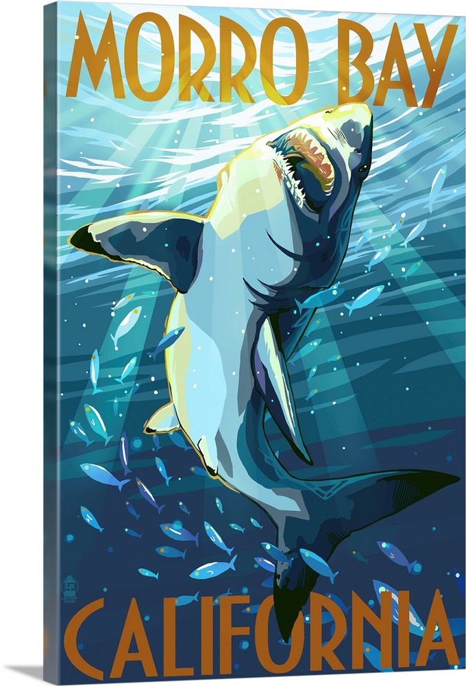 Retro stylized art poster of a great white shark swimming near the surface of the ocean.