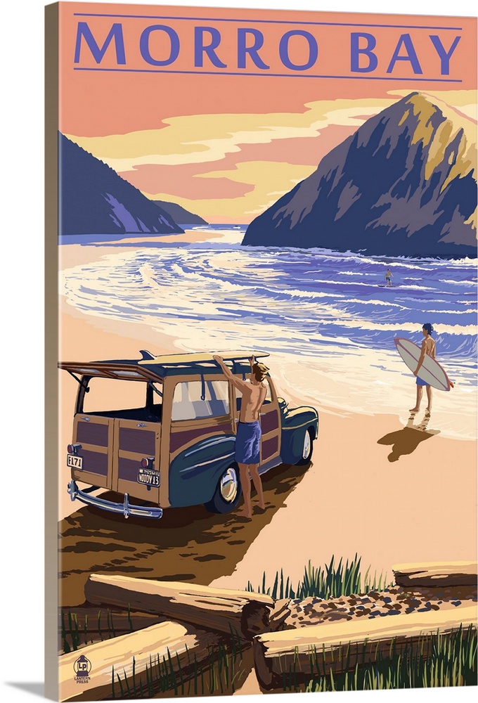 Morro Bay, California - Woody on Beach: Retro Travel Poster