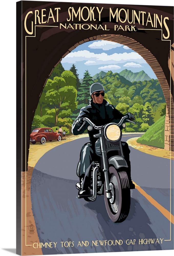 Motorcycle and Tunnel - Great Smoky Mountains National Park, TN: Retro Travel Poster