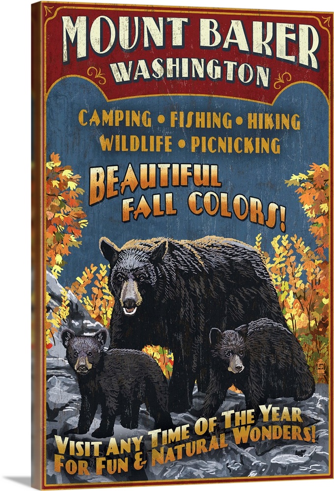 Mount Baker, Washington - Black Bears Vintage Sign: Retro Travel Poster