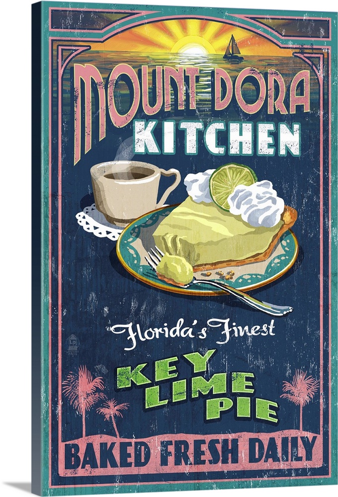 Retro stylized art poster of a vintage sign advertising a slice of key lime pie, with a cup of coffee.